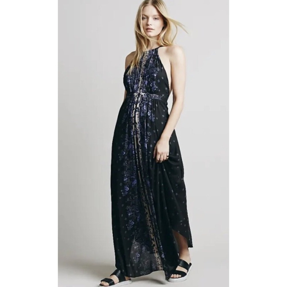 Free People Maxi Dress 2 Black Purple Floral Halter Open Back Boho Festival